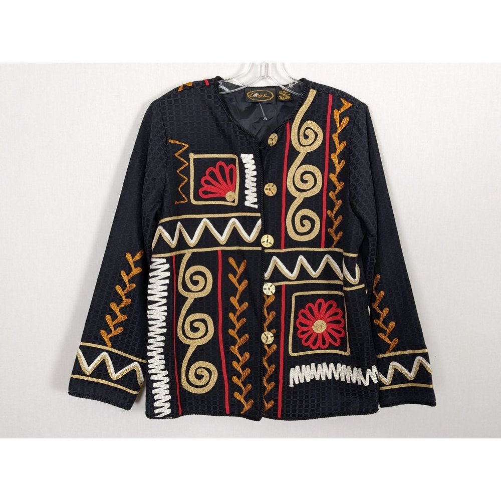 Vintage Alex Kim 90's long sleeve abstract art black colorful blazer S